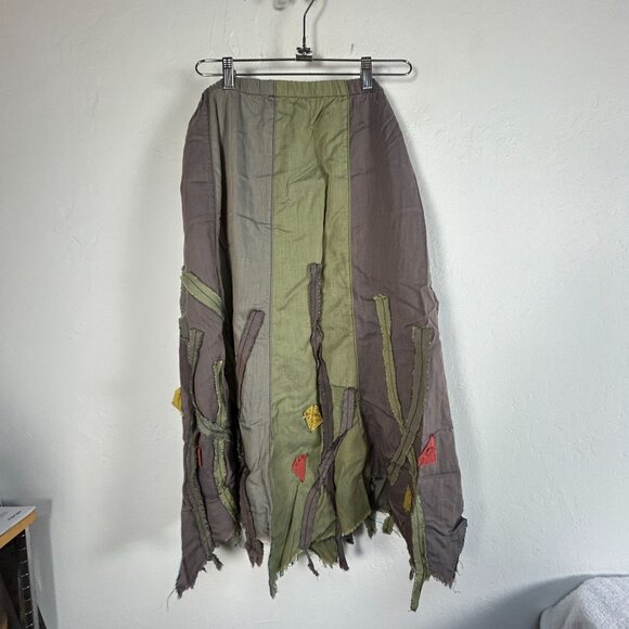 JG’s Mad Lab Womens Patchwork Skirt Medium Olive Appliqué Boho Artsy Lagenllook - Picture 2 of 7